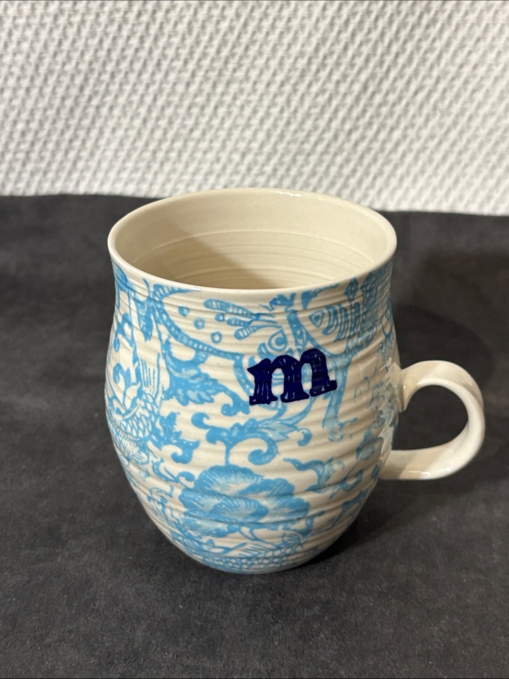 ANTHROPOLOGIE Blue Floral Ceramic Mug with Monogram M